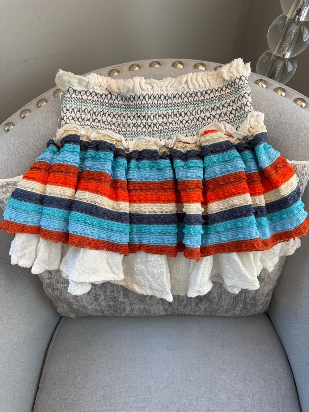 Surf Gypsy Striped Ruffle Mini Skirt in Cream, Blue & Orange
